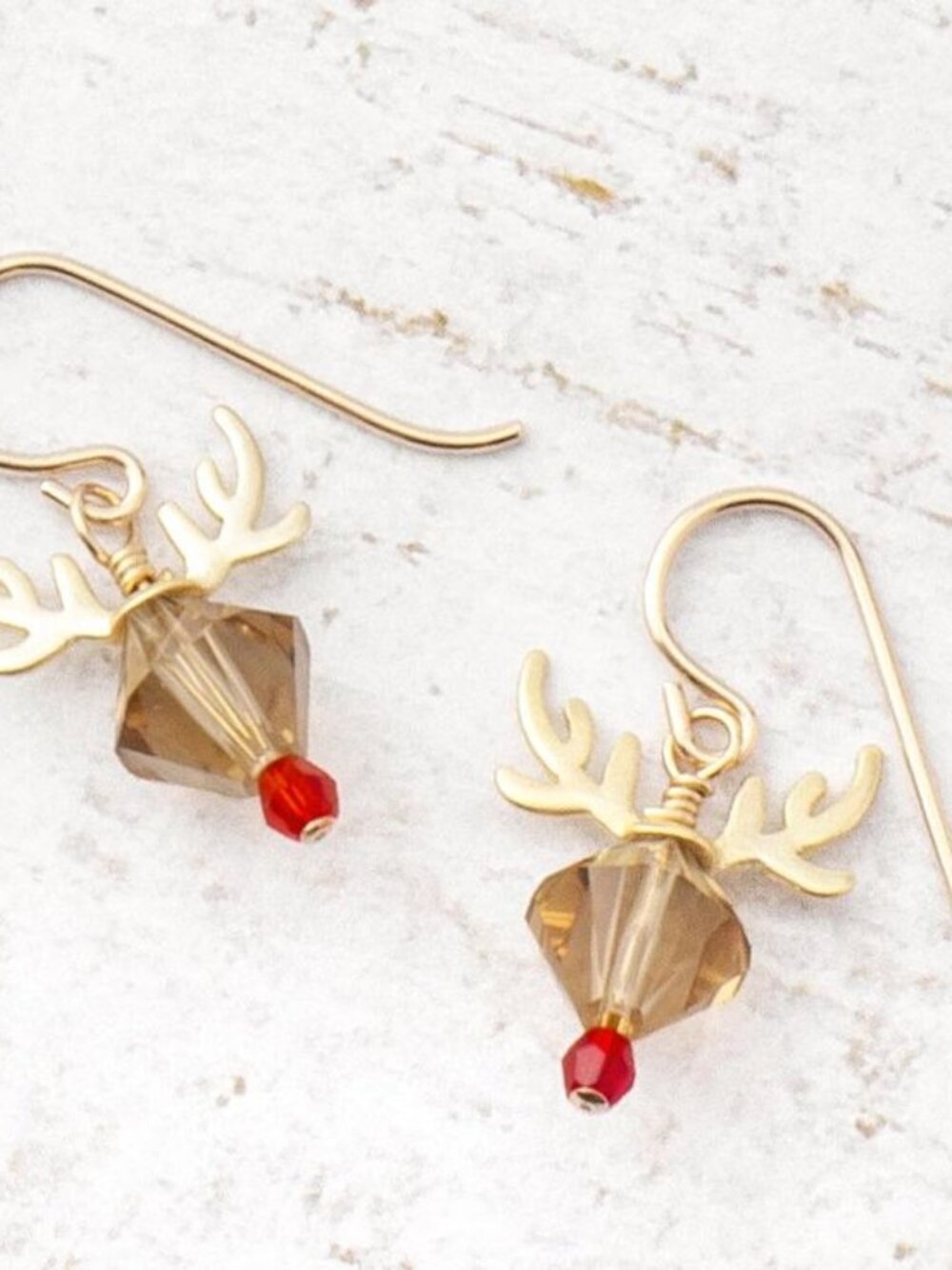 Austrian Crystal Beaded 14K Gold Filled Reindeer Christmas Holiday Drop Earrings